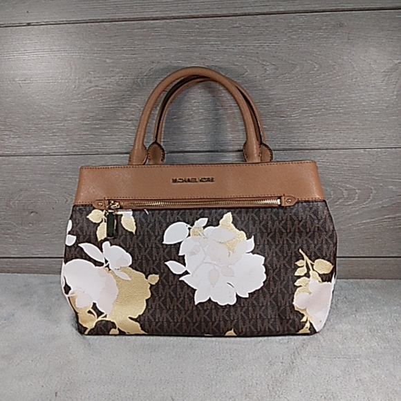 Michael Kors Floral Print Canvas & Leather Tote Satchel w/Brown MK Pattern Haile - Picture 2 of 12